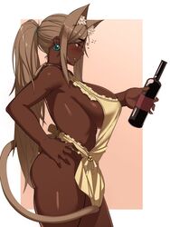 1girls animal_ears apron big_breasts blush breasts brown-haired_catgirl_(kevbot) catgirl dark-skinned_female dark_skin drunk female female_only humanoid kemonomimi kevbot large_breasts mature_female milf original solo thick_thighs wide_hips