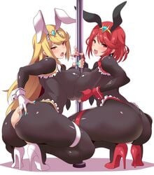 2girls ahoge animal_ears anime_style big_breasts big_butt bimbo blonde_hair blue_nails blush bodysuit breast_press breast_squish breasts bunny_ears bunny_girl bunnysuit butt butt_grab curvaceous curvy deep_skin dual_persona earrings female female_focus female_only fingerless_gloves gem gloves hair_ornament headpiece high_heels highleg highleg_leotard highres huge_ass huge_breasts huge_butt jewelry konno_tohiro large_breasts large_butt leotard long_hair looking_at_viewer looking_back matching_hair/eyes multiple_girls multiple_persona mythra nail_polish nintendo open_mouth orange_eyes pole presenting presenting_hindquarters pyra red_eyes red_footwear red_hair sexually_suggestive shiny shiny_clothes shiny_hair shiny_skin short_hair sideboob smile squatting super_smash_bros. symmetrical_docking thick_thighs thigh_strap thong_leotard tiara very_long_hair white_footwear wide_hips xenoblade_(series) xenoblade_chronicles_2