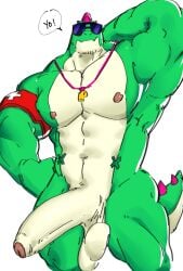 2023 big_penis boner brawl_stars buzz_(brawl_stars) dinosaur erection furry furry_only gay gay_male glasses green_body green_skin male male_only muscles muscular_male naked naked_male nude penis phosbara simple_background solo solo_male supercell tagme yiff