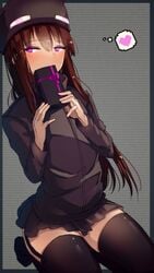 ander at2. black_thighs blush corvering_mouth enderman enderwoman female kneeling long_brown_hair looking_at_another minecraft mob_talker present purple_eyes shy thighs