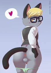 2020 :< animal_crossing anthro anus ass backsack balls big_butt black_body black_ears black_fur black_hands black_tail blonde_hair clothing digital_media_(artwork) domestic_cat eyewear felid feline felis fur genitals glasses grey_body grey_fur hair heart heterochromia hi_res looking_at_viewer looking_back male male_only mammal mr-shin nintendo penis raymond_(animal_crossing) signature simple_background solo underwear underwear_down video_games