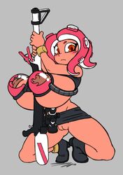 agent_8_(splatoon) angstrom areolae black_skirt blush breasts female grey_background gun huge_breasts hyper_breasts ink lactating_ink lactation looking_at_viewer milking milking_machine miniskirt nintendo nipples no_panties octoling pencil_skirt pussy red_eyes shoes skirt skirt_lift splatoon splatoon_2 tentacle_hair unusual_lactation weapon