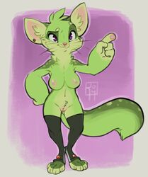 anthro breasts domestic_cat ear_piercing fangs felid feline felis female fur genitals green_body green_fur hi_res mammal mostly_nude nipples pawpads piercing purple_eyes pussy reign-2004 solo teeth toeless_stockings whiskers