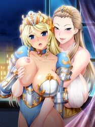 2girls age_difference armor armored_female armpits blonde_hair blue_eyes blush breasts_grab brown_hair clothed collar daughter dress farasha_awar_crusch female female_knight game_cg groping_from_behind huge_breasts huracan_(artist) knight kyonyuu_princess_saimin large_breasts long_breasts long_hair looking_at_viewer lune mature_female milf mother mother_and_daughter one_breast_out princess queen tamanna_crusch thick_thighs wide_hips