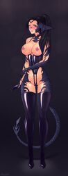 au_ra blush boots final_fantasy final_fantasy_xiv gloves heel_boots heels latex latex_boots latex_gloves latex_legwear latex_stockings nipple_piercing scales shy tail tesomu xaela