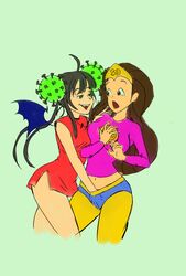 2girls black_hair breasts brown_hair chinese_clothes corona_chan coronavirus covid-19_pandemic double_bun dress female long_hair superheroine susana_distancia wings yuri