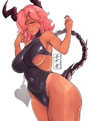 1girls breasts cleavage demon female female_only horns looking_at_viewer solo thick_thighs wide_hips yotahen