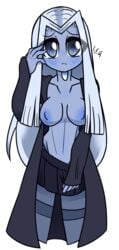 blue_eyes blue_skin blush byternomar crystal_gem cute dress fan_character female female_only long_hair medium_breasts nipples oc original original_character pulling_down_dress pulling_panties request white_hair