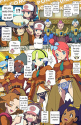 5girls 6boys abs afro alternate_breast_size alternate_outfit aqua_hair asymmetrical_clothes belt black_panties blonde_hair blue_eyes blue_hair blue_panties blush breasts brown_eyes brown_hair brycen burgh_(pokemon) cameltoe cape chaps clay_(pokemon) clay_(pokemon)_(cosplay) color comic cowboy_hat dark-skinned_female dark_skin elesa_(pokemon) elesa_(pokemon_bw) embarrassed eye_mask eyebrows_visible_through_hair eyes_visible_through_hair green_eyes gym_leader gym_leader_(cosplay) hands_on_hips hard_translated hat highres hilda_(pokemon) human human_only indoors iris_(pokemon) iris_(pokemon_bw) lenora_(pokemon) long_hair makoto_daikichi matching_hair/eyes medium_breasts multiple_boys multiple_girls navel necktie nintendo nipple_bulge no_pants old_man open_mouth panties pantyshot pink_hair pokemon pokemon_bw ponytail purple_hair red_hair revealing_clothes sage_(pokemon) short_hair side-tie_panties sideburns skyla_(pokemon) smile sweatdrop team_plasma teeth third-party_edit thumbs_up tied_hair tongue translated twintails underwear wavy_hair white_hair wink