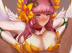 blossom_(dungeon_and_fighter) blue_eyes blush dark-skinned_male dungeon_and_fighter dungeon_fighter_online exposed_breasts flower_queen_blossom holding_own_breasts large_breasts massive_breasts monaim paizuri pink_hair round_breasts titfuck uncensored