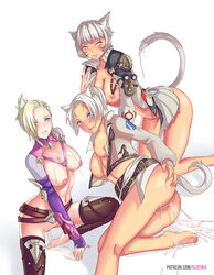 3girls cum cum_in_mouth cum_in_pussy cum_on_ass elotika female female_only final_fantasy final_fantasy_xiv hyur looking_at_viewer minfilia miqo'te multiple_girls y'shtola