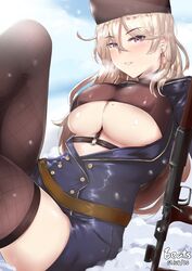 1girls blonde_hair cleavage coat earrings female girls'_frontline hat hbeats jewelry large_breasts long_hair looking_at_viewer mole mole_on_breast mole_under_eye outdoors ptrd_(girls'_frontline) purple_eyes ranged_weapon rifle snow solo thighhighs underboob weapon