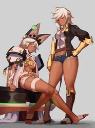 2girls barefoot blazblue boots breasts brown_eyes bullet_(blazblue) dark-skinned_female dark_skin feet guilty_gear mound_of_venus ramlethal_valentine red_eyes short_shorts shorts suwaiya underboob white_hair