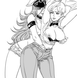 armband bb_(baalbuddy) bow bowtie bra bra_pull breasts breasts_out collared_shirt commentary contrapposto english_commentary final_fight greyscale groping hand_in_pants hands_up hat highres king_(snk) king_of_fighters large_breasts long_hair molestation monochrome nipple_tweak nipples pants parted_lips peaked_cap poison_(final_fight) ryuuko_no_ken shirt short_shorts shorts simple_background smile standing sweatdrop underwear very_long_hair white_background wing_collar yuri