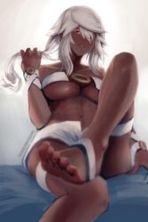 1girls abs athletic bare_legs big_breasts blonde_hair breasts brown_skin clothing dark-skinned_female dark_skin dudeunderscore feet female female_only foot_fetish foot_focus guilty_gear hair_over_one_eye large_breasts long_hair looking_at_viewer midriff muscular muscular_female navel pov_feet presenting_foot ramlethal_valentine sitting soles solo tattoo toes toned toned_female underboob very_dark_skin white_hair wide_hips