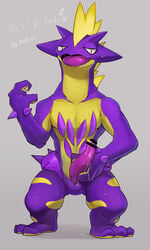 1boy 2020 amped_toxtricity anthro anthrofied bodily_fluids censored digital_media_(artwork) erection feet genital_fluids half-closed_eyes hi_res hidoritoyama holding_penis long_penis looking_at_viewer male male_only nintendo nude open_mouth penis pokémon_(species) pokemon pokemon_ss precum purple_body scalie simple_background slit solo standing sweat tapering_penis testicles text tongue toxtricity video_games