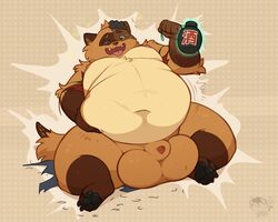 2020 anthro balls belly big_balls brown_body brown_fur canid canine cute_fangs fur genitals hi_res male mammal moobs navel overweight overweight_male raccoon_dog sitting solo tanuki transformation yuniwolfsky