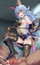 1boy animal_ears backless_dress backless_outfit bangs belt black_footwear black_gloves black_skirt blue_hair bondage bootjob boots breasts brown_legwear bunny_ears clothed_female_nude_male cum dominatrix dress ejaculation erune female ferry_(granblue_fantasy) footjob frilled_gloves frills from_below gloves granblue_fantasy hair_between_eyes highres holding_whip jewelry konboi-eg long_hair loose_belt medium_breasts nipple_bulge nude open_mouth orange_eyes panties pantyshot penis sadism shoejob sideboob sideless_outfit single_earring skirt stepped_on thighhighs underwear v-shaped_eyebrows very_long_hair wavy_hair whip