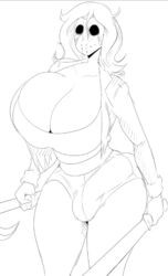 1futa black_and_white black_eyes detnox dual_wielding friday_the_13th futa_only futanari hair hook huge_breasts jason_voorhees long_hair machete sketch thigh_suit thighs uncolored weapon