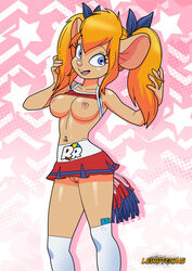 anthro anthrofied blonde_hair blue_eyes cheerleader cheerleader_uniform chip_'n_dale_rescue_rangers clothing condom condom_in_leggings disney female female_only gadget_hackwrench hair_ribbon lewdtoons mouse mouse_ears navel_piercing nipples orange_hair pom_poms pussy rodent short_skirt skirt solo tailless thighhighs top_up twintails