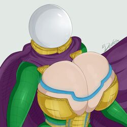 artist_name breast_squeeze breasts breasts_out bursting_breasts busty cape cleavage cover detnox genderswap genderswap_(mtf) huge_breasts marvel marvel_cinematic_universe mysterio purple_cape rule_63 spider-man:_far_from_home spider-man_(series) suit tight_suit villain