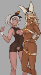 2girls abs areolae bea_(pokemon) breasts crossover dark-skinned_female dark_skin female female_only functionally_nude guilty_gear human looking_at_viewer multiple_girls nintendo nipples pokemon pokemon_ss pussy ramlethal_valentine todding torn_clothes underboob