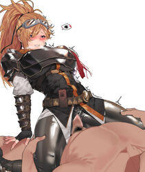 1boy arm_support armor belt biting biting_lip black_gloves black_shirt blue_eyes blush breastplate breasts censored clothed_female_nude_male cowgirl_position crying crying_with_eyes_open dungeon_and_fighter dungeon_fighter_online eyewear_on_head female female_gunner_(dungeon_and_fighter) fingerless_gloves gloves goggles goggles_on_head grey_pants hair_over_one_eye heart high_ponytail large_breasts leaning_back long_hair mimyo mosaic_censoring nose_blush nude orange_hair pants penis ponytail pussy sex shiny shiny_clothes shirt simple_background solo_focus spread_legs straddling straight tears thigh_grab torn_clothes torn_pants trembling underbust utility_belt vaginal_penetration walkie-talkie white_background