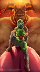 1boy 1girls ass cameltoe clothed_female_nude_male demon doom doom_slayer_(doom) frynler hyper hyper_penis interspecies larger_male patreon rule_63 sitting_on_penis size_difference smaller_female straight text url watermark