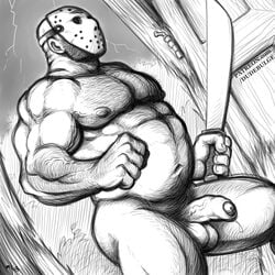 1boy 2013 abs artist_name artist_website bald balls ballsack bara beard_stubble beefy body_hair dudebulge facial_hair foreskin friday_the_13th hairy_male hockey_mask human intact jason_voorhees machete male male_nipples male_only male_pubic_hair manly mask monochrome musclegut muscular_male nude_male partially_retracted_foreskin pecs penis scrotum semi-erect solo testicles uncut veiny_penis