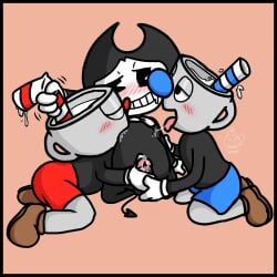 1:1 3boys animate_inanimate anthro ball_fondling balls bendy bendy_and_the_ink_machine black_body blush bodily_fluids bow_tie clothed clothed/nude clothing container cum cup cuphead cuphead_(game) demon digital_drawing_(artwork) digital_media_(artwork) erection fleischer_style_toon fondling footwear for_a_head fully_clothed genital_fluids genitals gloves group handjob handwear hi_res humanoid humanoid_genitalia humanoid_penis licking male male/male muffinlewds mugman nipple_fetish nipple_lick nipple_play nipple_suck nipples not_furry nude object_head open_mouth penile penis saliva saliva_string sex shoes sibling simple_background smile socks straw sucking threesome tongue tongue_out toony two-handed_handjob video_games