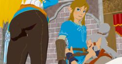 1boy 2girls 3d 3d_(artwork) ass blowjob blue_eyes breath_of_the_wild clothed clothing cuckquean fellatio female link link_(breath_of_the_wild) male nintendo oral oral_sex paya_(the_legend_of_zelda) penis_out princess_zelda straight swingers the_legend_of_zelda xnalara yesimtaco zelda_(breath_of_the_wild)