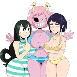 3girls areola_slip big_ass big_breasts bikini breasts busty cleavage female female_only huge_breasts jinu kyoka_jiro mina_ashido my_hero_academia nipple_slip pink_hair pink_skin swimsuit teenager thick_thighs tsuyu_asui voluptuous