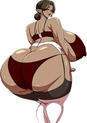 1girls back_view bakudemon bare_shoulders big_ass big_breasts big_butt brown_hair busty curvy ear_piercing earrings elf erect_nipple erect_nipples eyelashes female female_only footwear garter garter_straps hair_bun humanoid legwear lingerie long_hair looking_at_viewer looking_back mature nipple_bulge original_character piercing pointy_ears pose posing shiny shiny_skin short_hair sideboob simple_background solo standing stockings sweat thick_thighs tied_hair voluptuous white_background white_footwear white_legwear white_stockings wide_hips