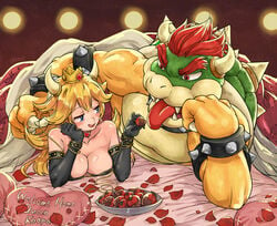 1boy 1girls absurdres blonde_hair blue_eyes bowser bowsey breasts feeding food high_resolution highres horns looking_at_another mario_(series) nintendo on_bed princess_peach red_eyes red_hair rusky strawberry third-party_edit tongue tongue_out unexpectedly_good