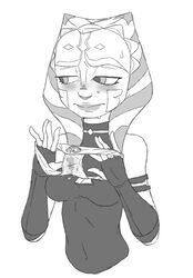 ahsoka_tano alien alien_humanoid bodily_fluids cleavage_cutout clothing female holding_panties humanoid monochrome panties solo splooge_(artist) star_wars sweat tagme the_clone_wars:_season_four togruta underwear wet wet_clothing wet_panties wet_underwear