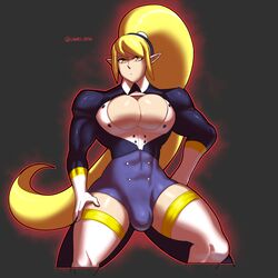 ambush_(trap) androgynous blonde_hair bulge femboy gloves laurel_dog long_hair looking_at_viewer male muscular_trap pecs pointy_ears ponytail solo trap yellow_eyes