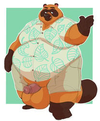 2020 animal_crossing anthro bottomwear brown_body brown_fur canid canine captainjusticevirtsuoso fur furry genitals highres humanoid_hands justicecaptainv male male_only mammal nintendo obese overweight overweight_male penis raccoon_dog shirt shorts solo tanuki testicles tom_nook topwear