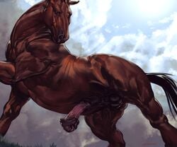 anatomically_correct anatomically_correct_genitalia anatomically_correct_penis animal_genitalia animal_penis balls black_balls black_penis black_tail brown_body brown_fur equid equine equine_penis erection feral flared_penis fur genitals hi_res horse horsecock huge_flare laser_(artist) low-angle_view male male_only mammal mottled mottled_genitalia mottled_penis penis pink_penis solo