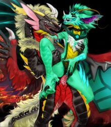 4_eyes anthro anthro_on_anthro anthro_penetrated anthro_penetrating anthro_penetrating_anthro black_body black_scales clitoral_fingering dragon duo female female_penetrated genitals green_body green_scales levelviolet male male_penetrating male_penetrating_female multi_eye multicolored_body multicolored_scales penetration penis pussy red_body red_scales scales scalie straight two_tone_body two_tone_scales vaginal_penetration