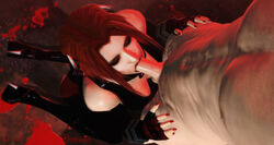 1boy 1girls 3d bloodrayne blowjob boobs closed_eyes dhampir elbow_gloves female half_vampire hands_on_another's_thighs heels high_heels imaginarydigitales latex_suit on_knees oral oral_sex penis rayne red_hair redhead short_hair sitting vampire