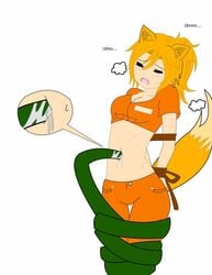 1girls 2d animal_ears belly belly_button blonde_hair blush bound chaindra cleavage close-up clothes_lift deviantart fangs female female_focus female_only fox_tail knotted_shirt looking_pleasured midriff moan moaning navel navel_focus navel_penetration open_mouth orange_clothing orange_pants orange_shirt orange_topwear orgasm pale_skin pants poopymcmuffin587 restrained rope rope_bondage shirt_lift short_sleeves solo solo_focus steam steaming_body suggestive_fluid sweat tail tentacle tentacle_in_navel tentacles_around_legs tied_shirt tied_up yellow_ears yellow_hair