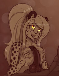 amber_eyes anthro areola balls breasts brown_theme cheetah erection felid feline female genitals hair hi_res knot male mammal mihari monochrome nipples original original_character paizuri penis ponytail scorpdk sepia sepia_tones sex straight