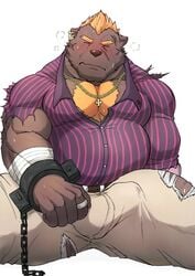 5_fingers anthro bandage barguest_(tokyo_afterschool_summoners) belt blush bodily_fluids body_hair brown_body brown_fur bulge chains chest_hair closed_eyes clothed clothing ear_piercing ear_ring fingers fur genital_fluids genital_outline hair hi_res jewelry male male_only mammal musclegut necklace orange_hair pattern_clothing penis_outline piercing precum precum_through_clothing purple_clothing purple_shirt purple_topwear red_eyes ring scar shackles shirt simple_background solo solo_male striped_clothing stripes sweat tamura_kazumasa tokyo_afterschool_summoners topwear torn_clothing ursid video_games wet wet_clothing white_background