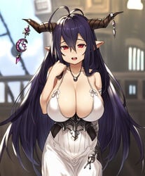 big_breasts black_hair breasts danua draph draph_race_(granblue_fantasy) dress granblue_fantasy horns houtengeki huge_breasts large_breasts long_hair looking_at_viewer red_eyes voluptuous