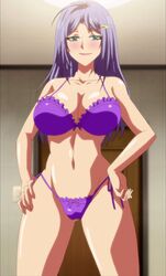 1girls anime_screencap bra hand_on_hip huge_breasts juvenile_pornography_the_animation looking_at_viewer mature mature_female milf onee-san ova panties purple_eyes purple_hair screencap screenshot stitched thick_thighs