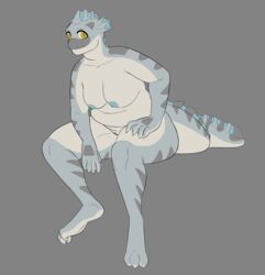 8762e13 absurd_res aquatic_animal breasts casual_nudity female grey_background hi_res long_tail membrane_(anatomy) nipples obese_female overweight overweight_female reptile scalie simple_background sitting webbed_hands