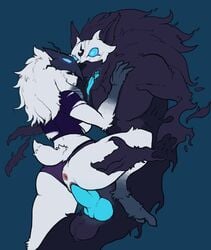 1girls 2020 absurdres animal_genitalia animal_penis anthro anthro_on_anthro anus ass big_penis biped black_fur bovid breasts canid canine canine_penis caprine duo erection female fingers fur furry genitals glowing glowing_eyes glowing_genitalia glowing_penis highres hooves kindred knot lamb_(league_of_legends) league_of_legends male mammal mask multicolored_penis nude panties panties_aside penis reccand riot_games sex sheep simple_background species_transformation spread_legs straight testicles tongue tongue_out torn_clothing transformation transformation_through_sex vaginal_penetration white_fur wolf_(league_of_legends)