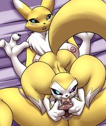 alternate_color anthro big_breasts breasts clitoris clitoris_lick cunnilingus digimon digimon_(species) erect_nipples fan_character female female/female fluffy fluffy_ears fluffy_tail fur furball genitals licking looking_at_viewer neck_tuft nipples oral pussy renamon renimpmon renimpmon_x sex size_difference small_dom_big_sub spread_pussy spreading tongue tongue_out tuft urethra vaginal_penetration yellow_body yellow_fur yuri