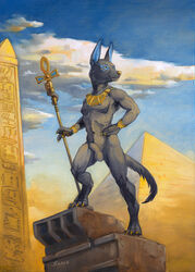 4_toes 5_fingers animal_genitalia anthro anubian_jackal balls black_body black_fur black_nose blue_eyes canid canine canis digitigrade egyptian fingers fully_sheathed fur genitals hi_res jackal male male_only mammal pyramid scale_(artist) sheath solo staff standing toes traditional_media_(artwork)