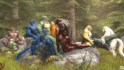 3d anthro forest genitals group hi_res humanoid_genitalia humanoid_penis lizard male male/male penis reptile scalie source_filmmaker tfc0234 tree